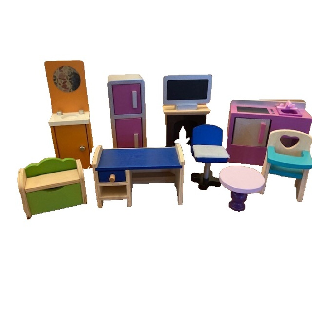 Vtg Lot of 10 of Wooden Chunky Style Doll House Furniture 90's